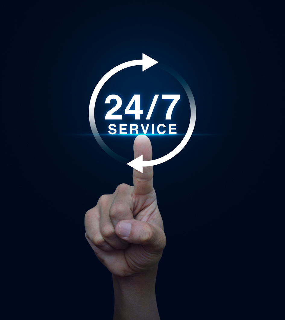 Pressing button 24 hours service icon, Full time service concept